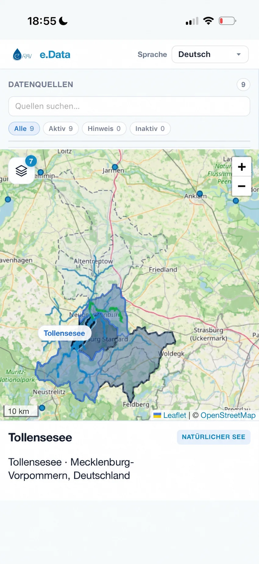 Mobile e.Data view of the Tollensesee without browser controls