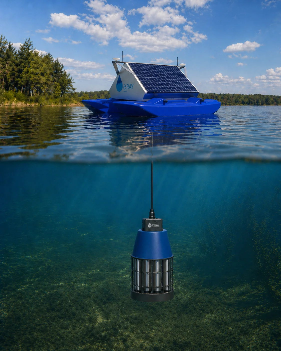 Cross-section of the WAMO station: the solar roof above water, below it the measuring probe suspended on a cable in the water column