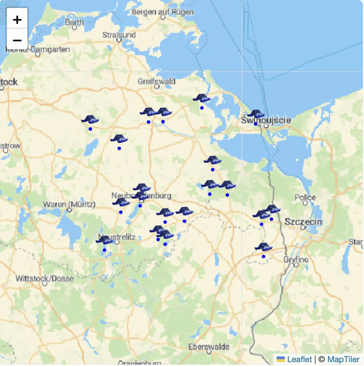 Map overview of the 21 WAMO stations in Mecklenburg-Vorpommern