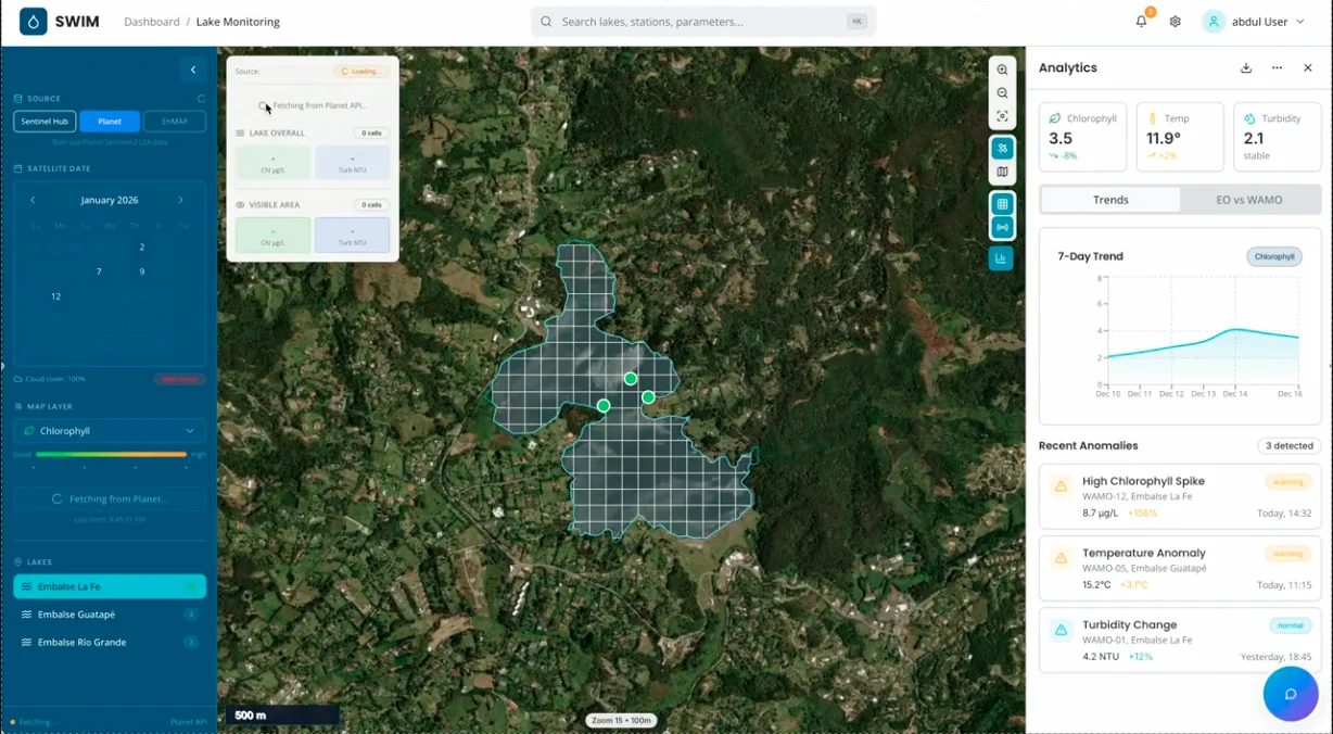 SWIM dashboard · map view with layer control and date-range selection