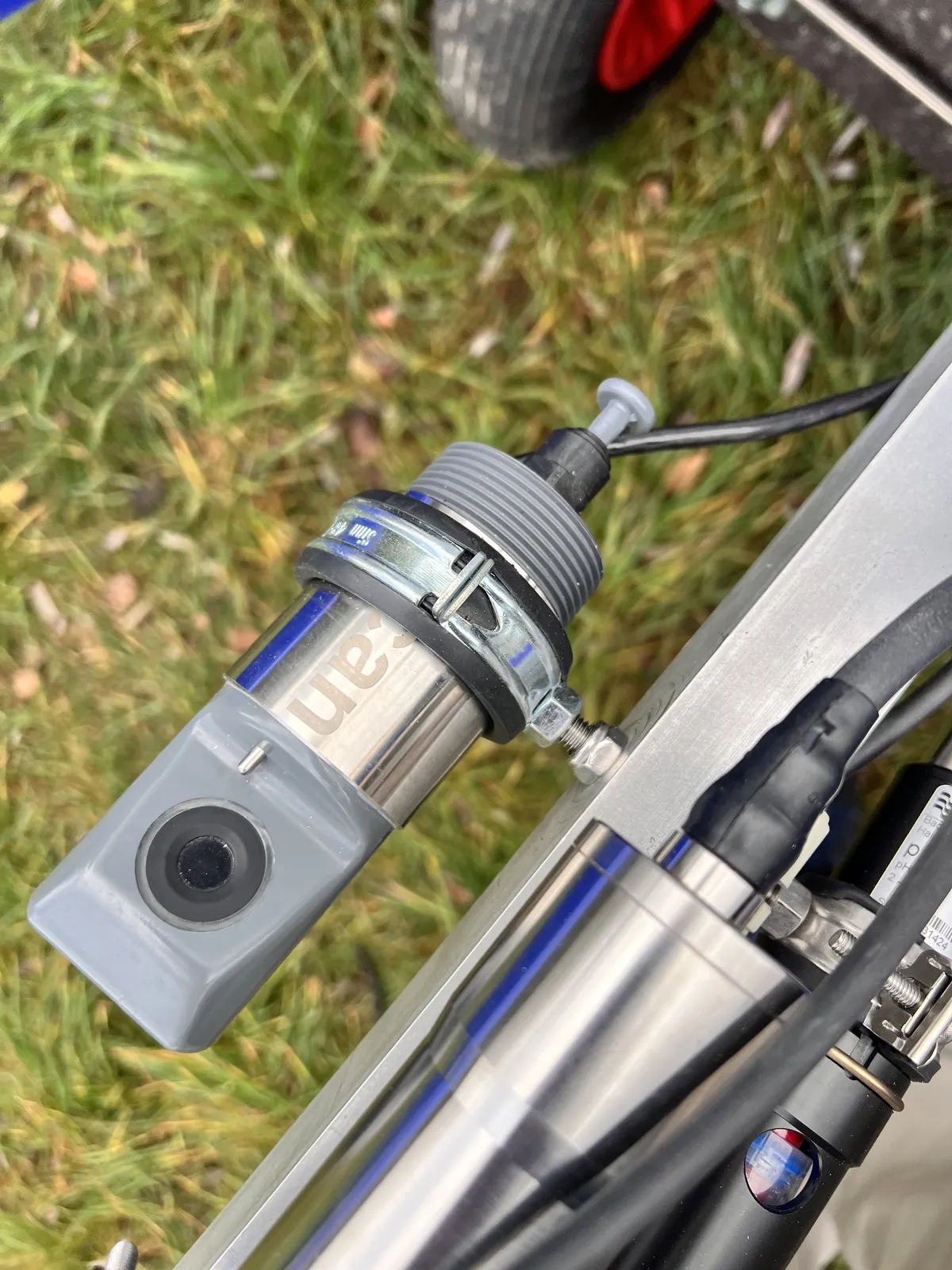 Close-up of a measuring probe in its mount on the frame of the WAMO station